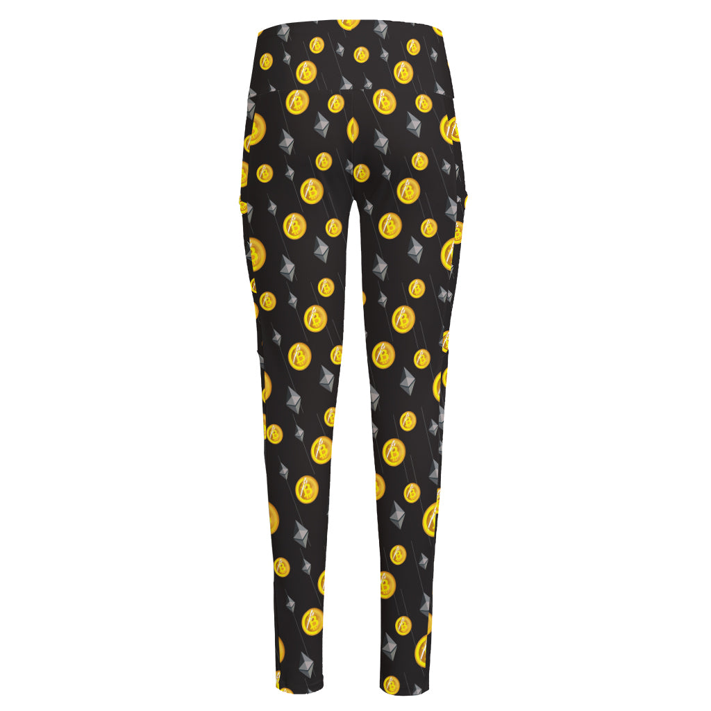 Bitcoin And Ethereum Pattern Print High-Waisted Pocket Leggings