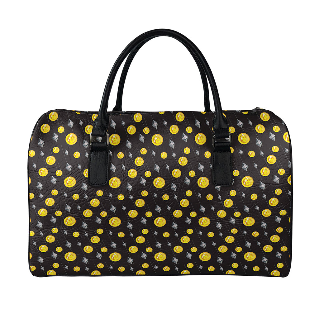 Bitcoin And Ethereum Pattern Print Leather Duffle Bag