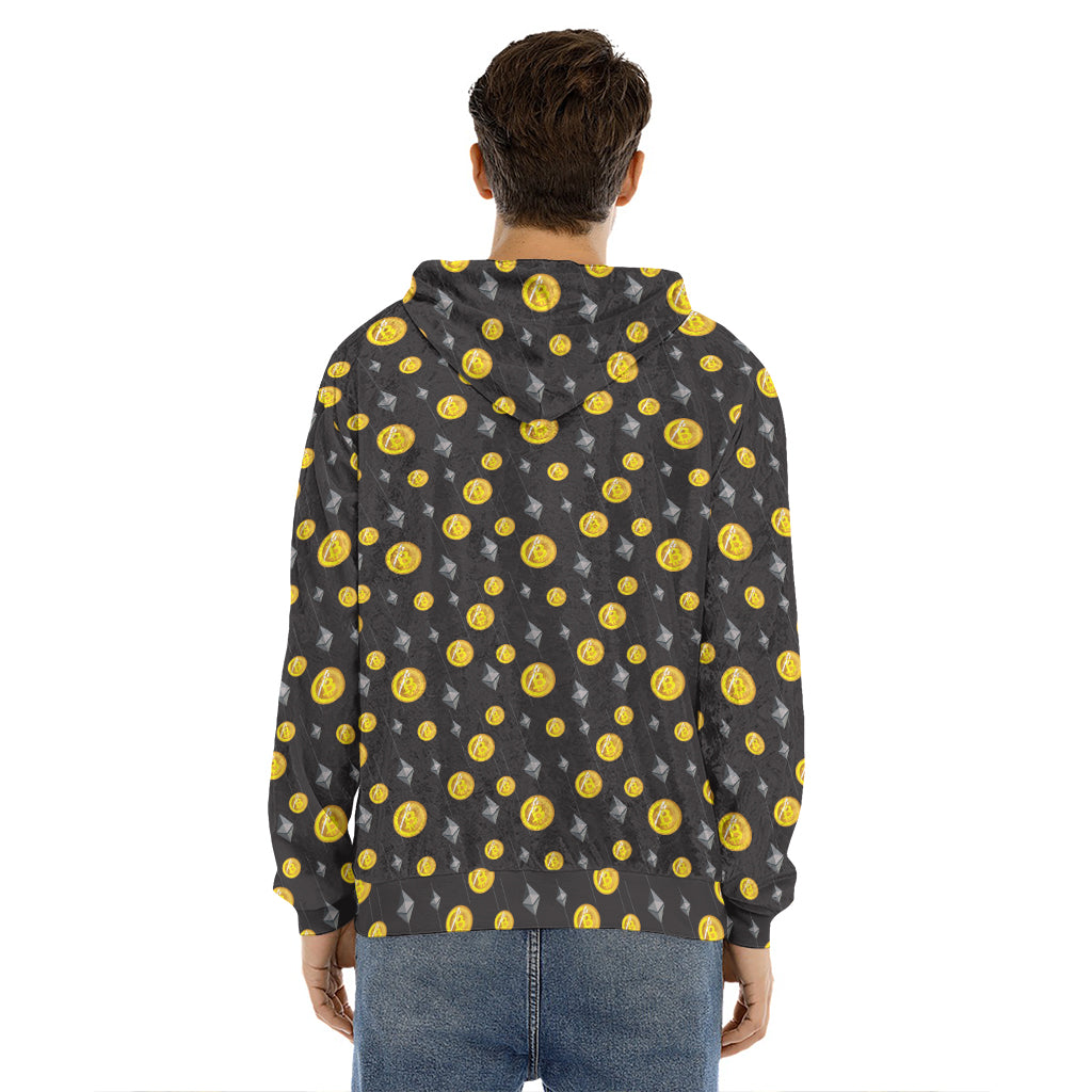Bitcoin And Ethereum Pattern Print Men's Velvet Pullover Hoodie