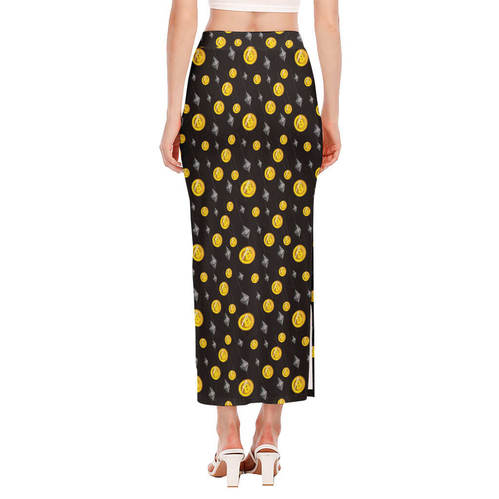 Bitcoin And Ethereum Pattern Print Side Slit Maxi Skirt