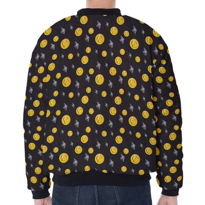 Bitcoin And Ethereum Pattern Print Zip Sleeve Bomber Jacket