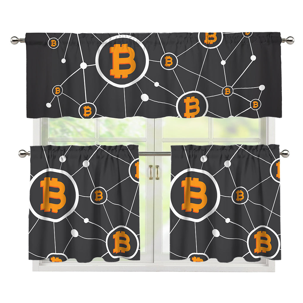 Bitcoin Connection Pattern Print 3 Piece Kitchen Curtains