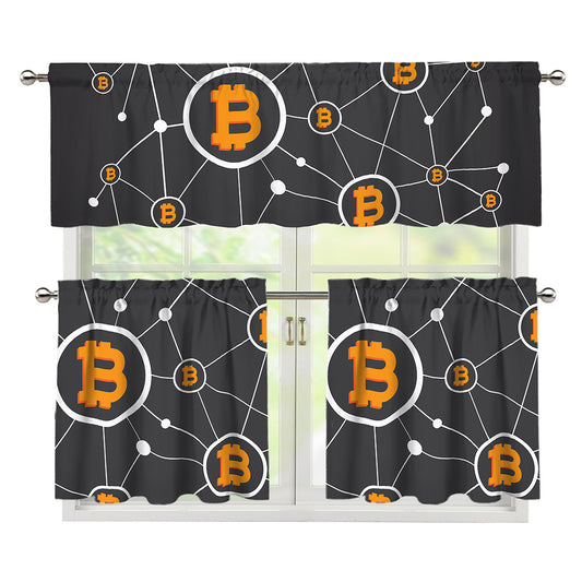 Bitcoin Connection Pattern Print 3 Piece Kitchen Curtains