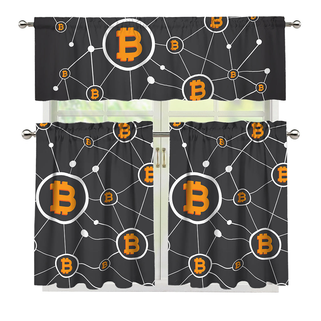 Bitcoin Connection Pattern Print 3 Piece Kitchen Curtains
