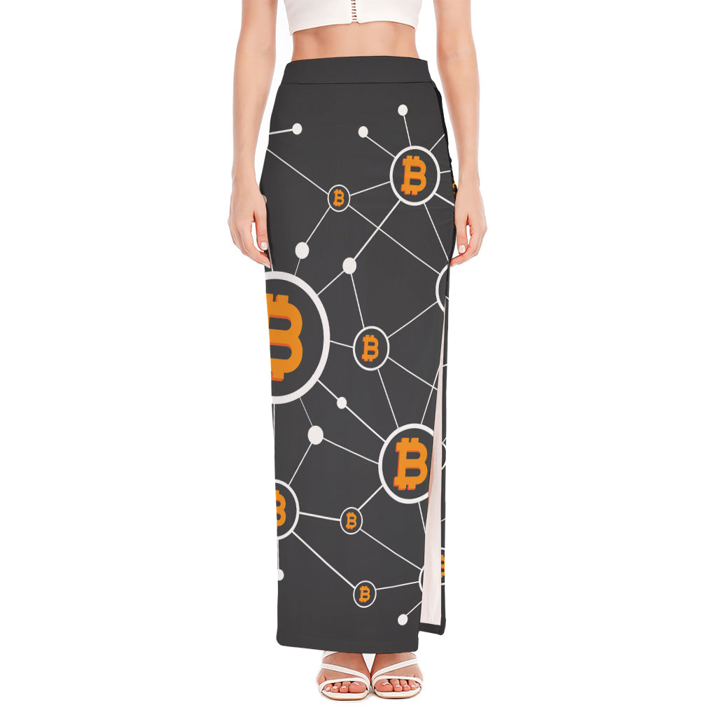 Bitcoin Connection Pattern Print High Slit Maxi Skirt