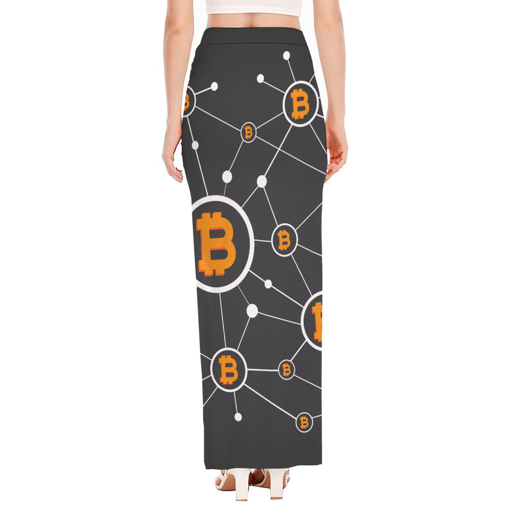 Bitcoin Connection Pattern Print High Slit Maxi Skirt