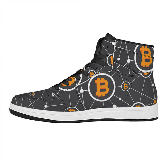 Bitcoin Connection Pattern Print High Top Leather Sneakers