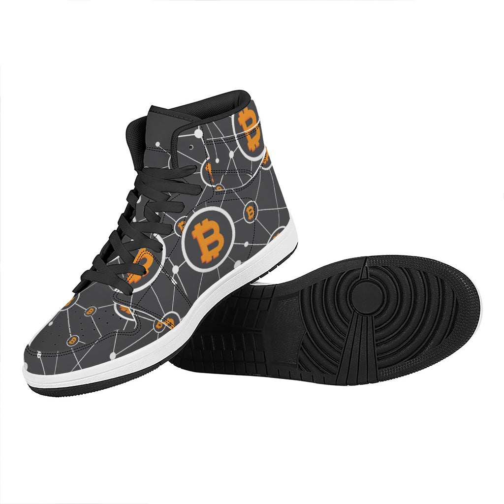 Bitcoin Connection Pattern Print High Top Leather Sneakers
