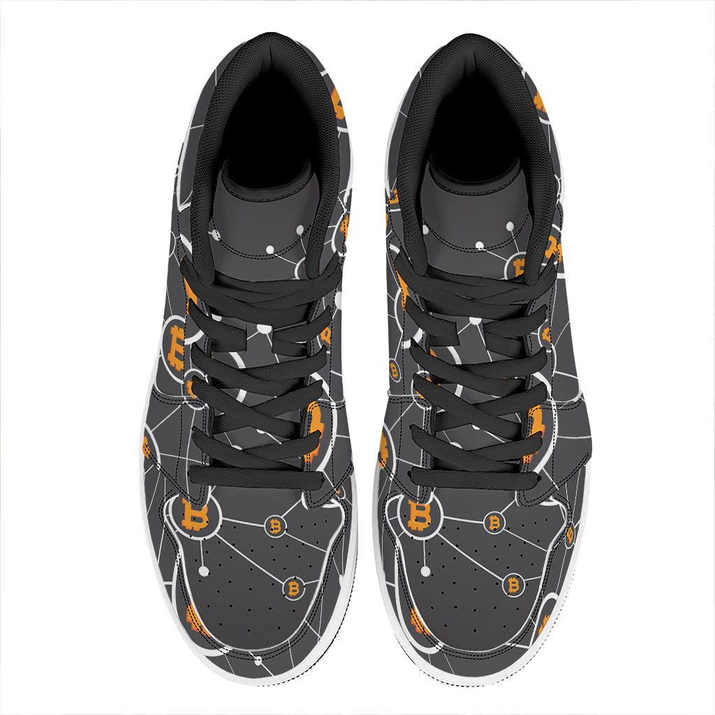 Bitcoin Connection Pattern Print High Top Leather Sneakers