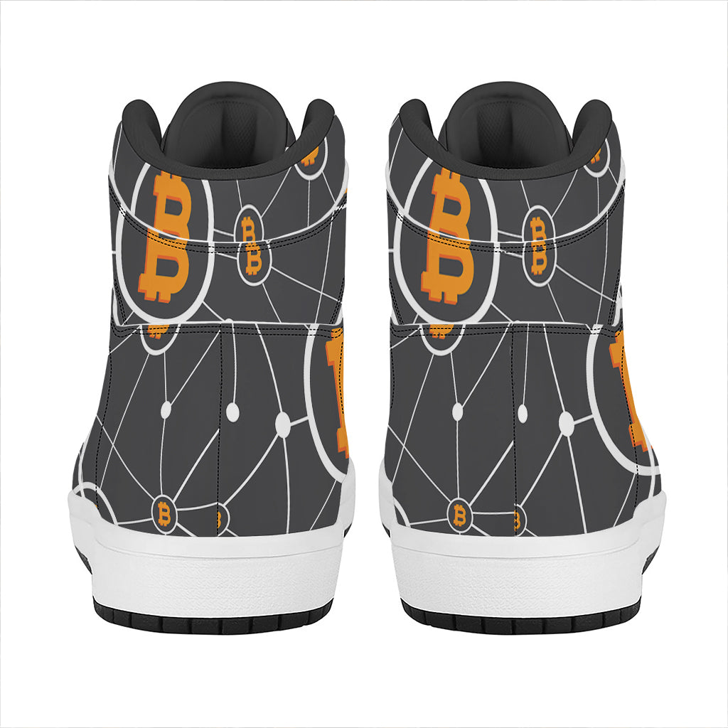 Bitcoin Connection Pattern Print High Top Leather Sneakers