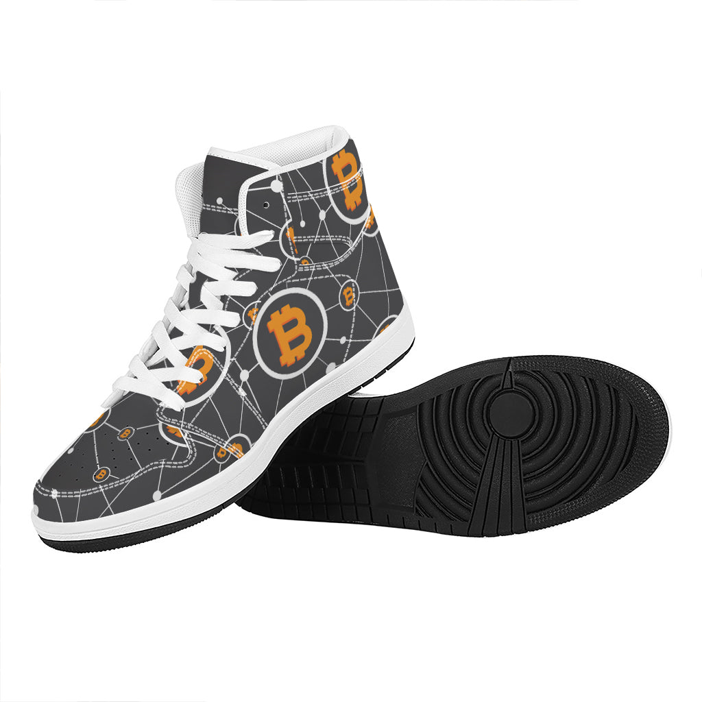 Bitcoin Connection Pattern Print High Top Leather Sneakers