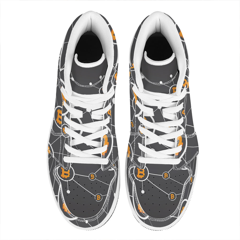Bitcoin Connection Pattern Print High Top Leather Sneakers