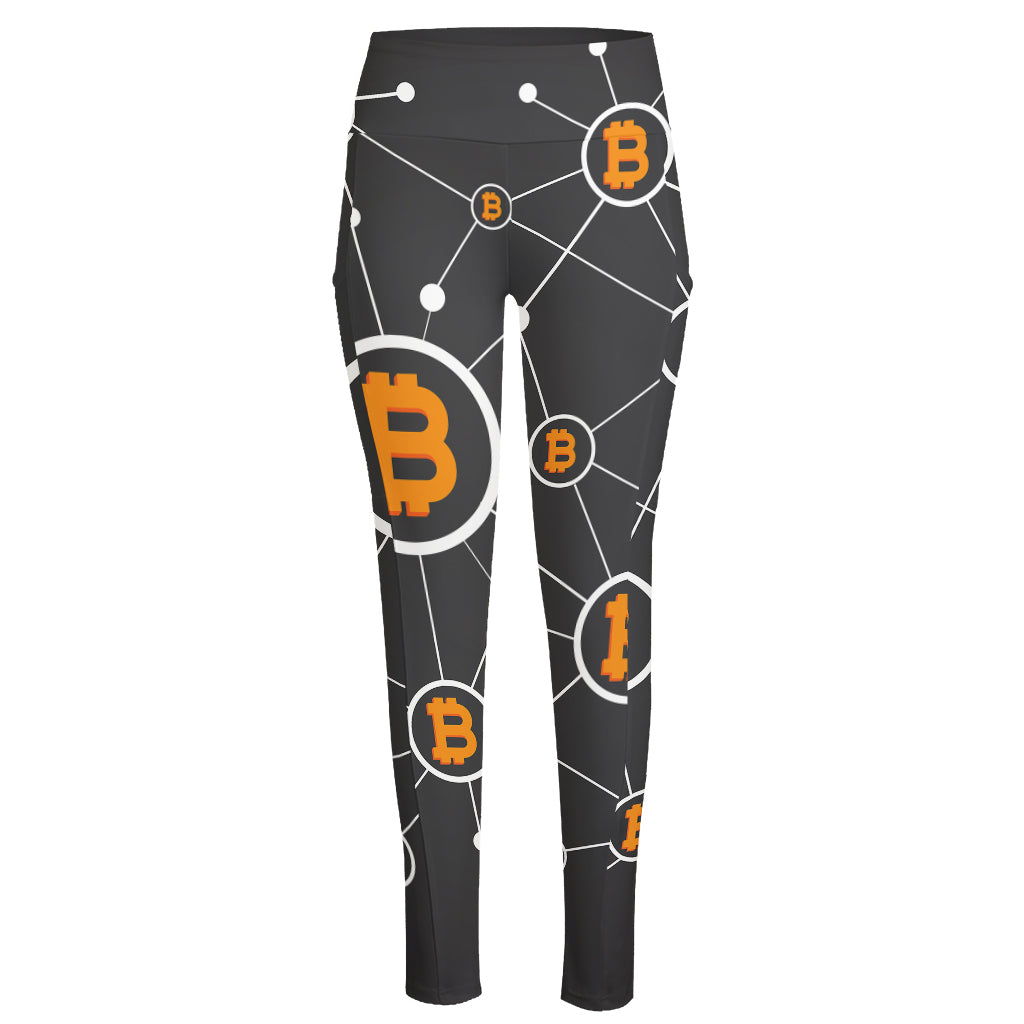 Bitcoin Connection Pattern Print High-Waisted Pocket Leggings