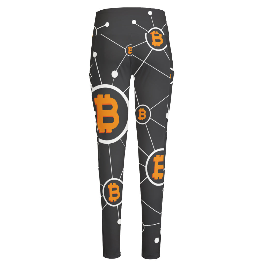 Bitcoin Connection Pattern Print High-Waisted Pocket Leggings