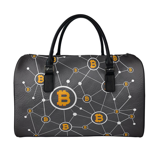 Bitcoin Connection Pattern Print Leather Duffle Bag
