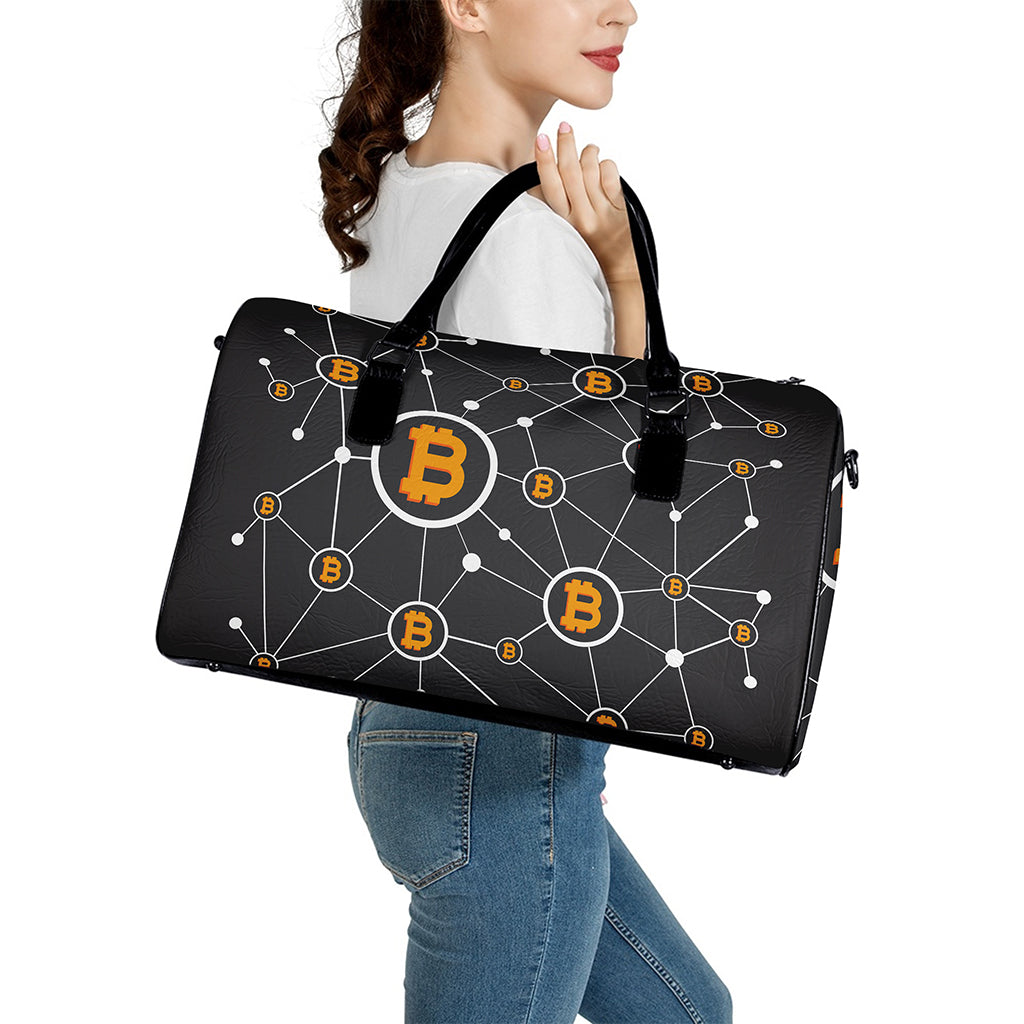 Bitcoin Connection Pattern Print Leather Duffle Bag