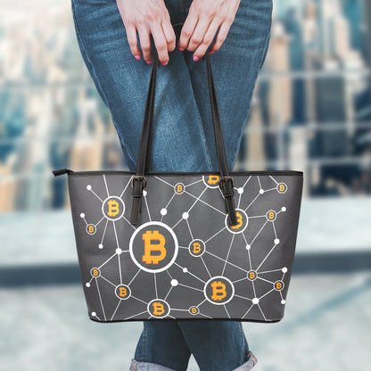Bitcoin Connection Pattern Print Leather Tote Bag