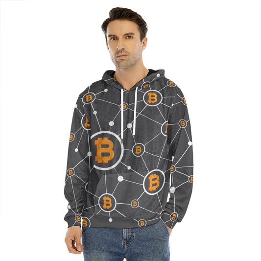 Bitcoin Connection Pattern Print Men's Velvet Pullover Hoodie