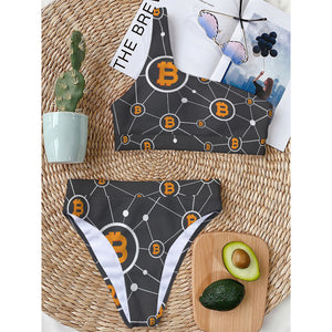 Bitcoin Connection Pattern Print One Shoulder Bikini Top