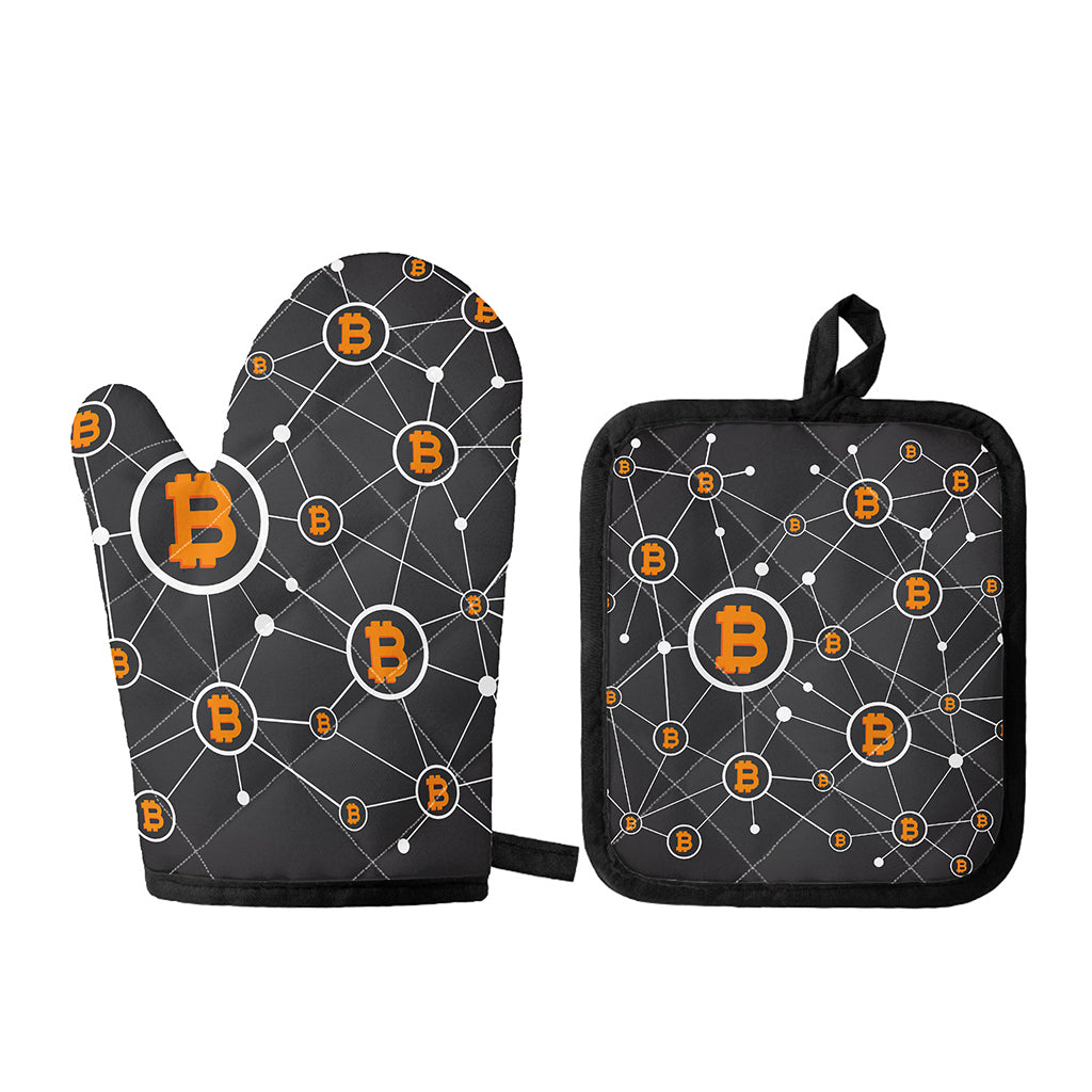 Bitcoin Connection Pattern Print Oven Mitt And Pot Holder Set