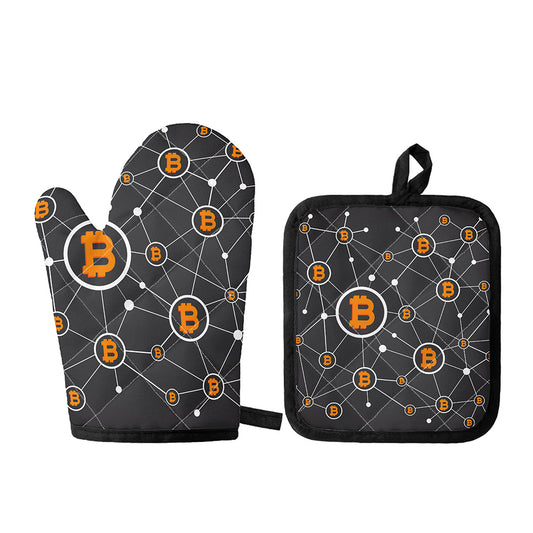 Bitcoin Connection Pattern Print Oven Mitt And Pot Holder Set