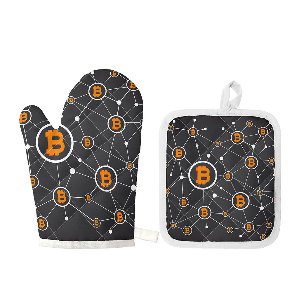 Bitcoin Connection Pattern Print Oven Mitt And Pot Holder Set