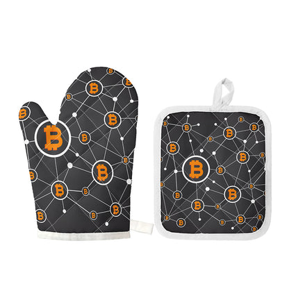 Bitcoin Connection Pattern Print Oven Mitt And Pot Holder Set