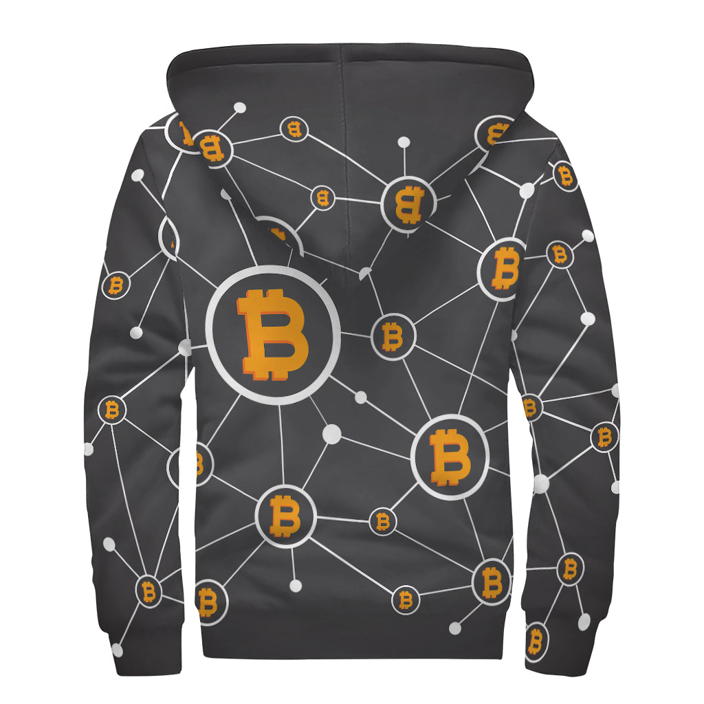 Bitcoin Connection Pattern Print Sherpa Lined Zip Up Hoodie