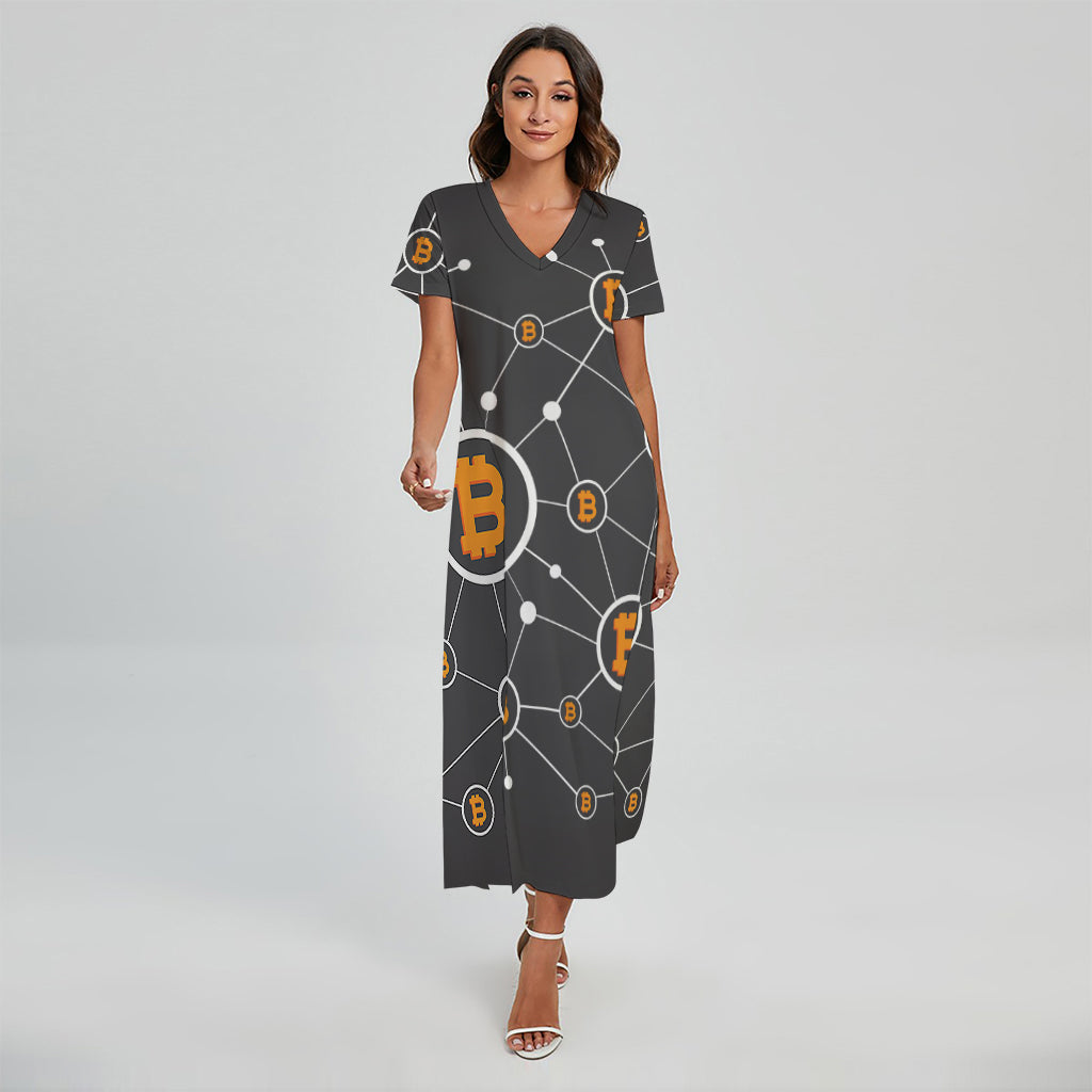 Bitcoin Connection Pattern Print Short Sleeve Maxi Dress