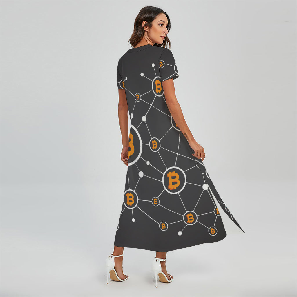 Bitcoin Connection Pattern Print Short Sleeve Maxi Dress