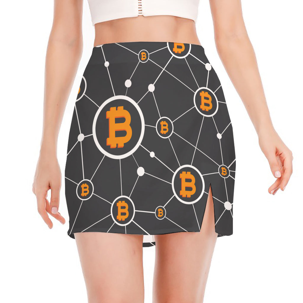 Bitcoin Connection Pattern Print Side Slit Mini Skirt