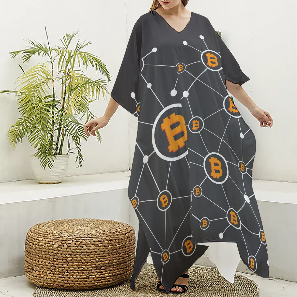 Bitcoin Connection Pattern Print Silk V-Neck Kaftan Dress