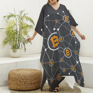 Bitcoin Connection Pattern Print Silk V-Neck Kaftan Dress