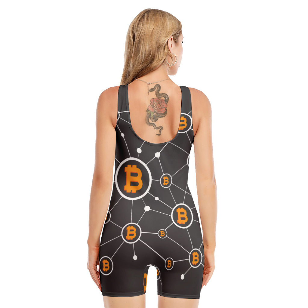 Bitcoin Connection Pattern Print Sleeveless One Piece Swimsuit