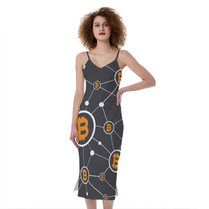 Bitcoin Connection Pattern Print Slim Fit Midi Cami Dress