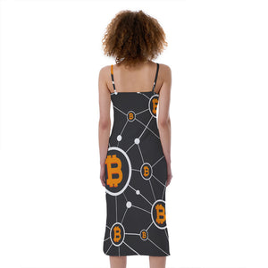 Bitcoin Connection Pattern Print Slim Fit Midi Cami Dress