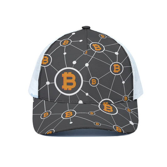 Bitcoin Connection Pattern Print White Mesh Trucker Cap