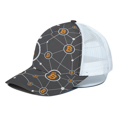 Bitcoin Connection Pattern Print White Mesh Trucker Cap