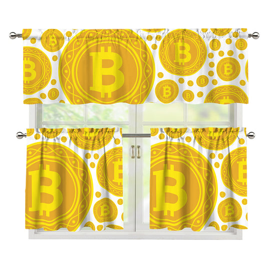 Bitcoin Crypto Pattern Print 3 Piece Kitchen Curtains