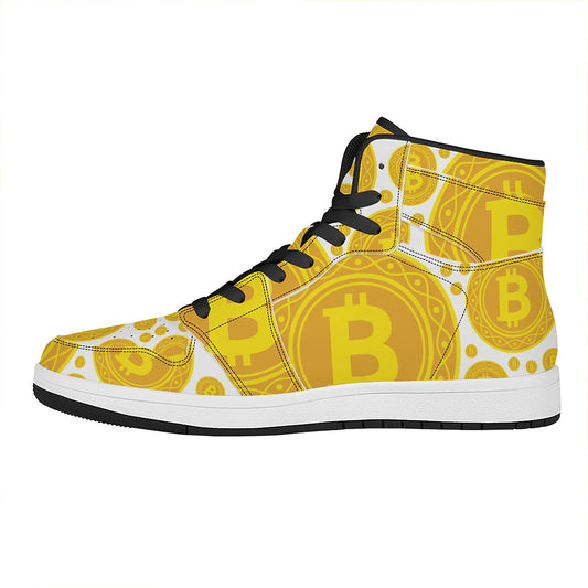 Bitcoin Crypto Pattern Print High Top Leather Sneakers