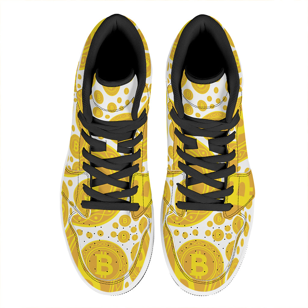 Bitcoin Crypto Pattern Print High Top Leather Sneakers