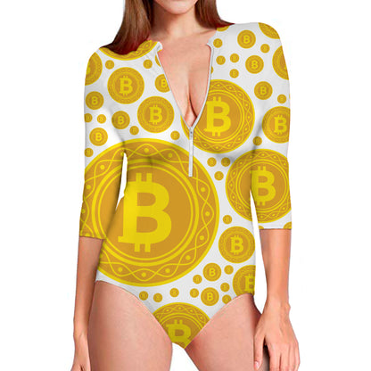 Bitcoin Crypto Pattern Print Long Sleeve Swimsuit