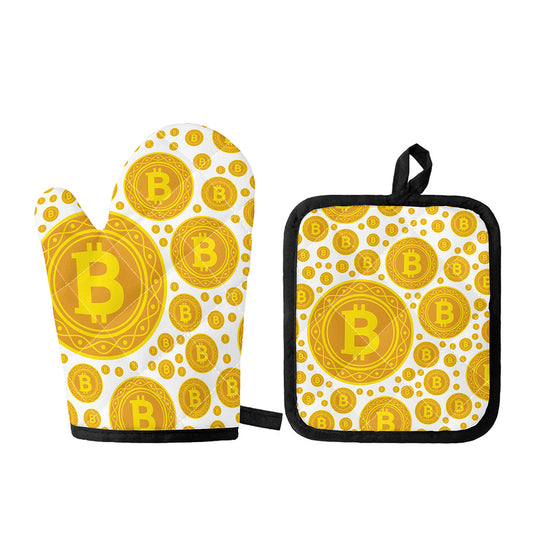 Bitcoin Crypto Pattern Print Oven Mitt And Pot Holder Set