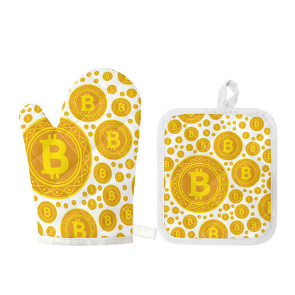 Bitcoin Crypto Pattern Print Oven Mitt And Pot Holder Set