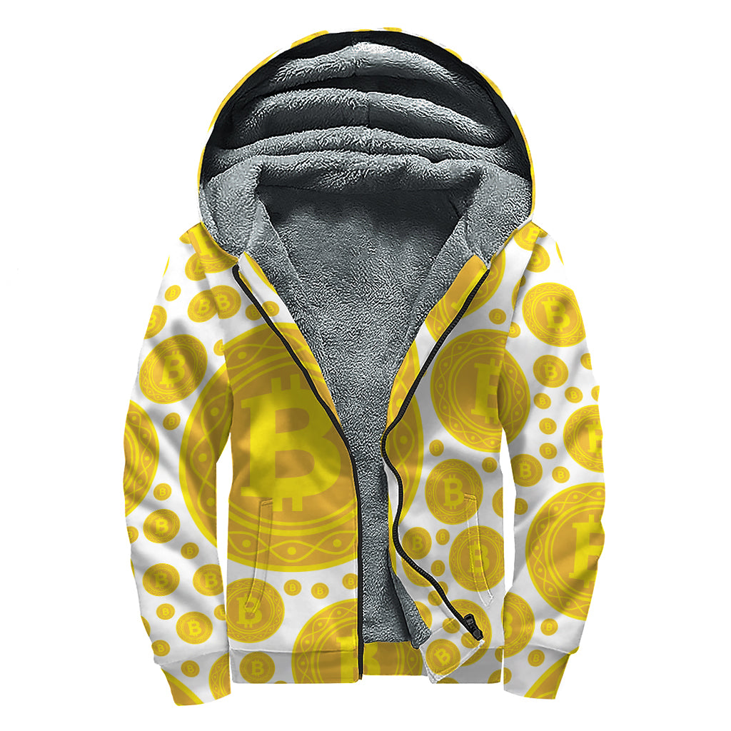 Bitcoin Crypto Pattern Print Sherpa Lined Zip Up Hoodie