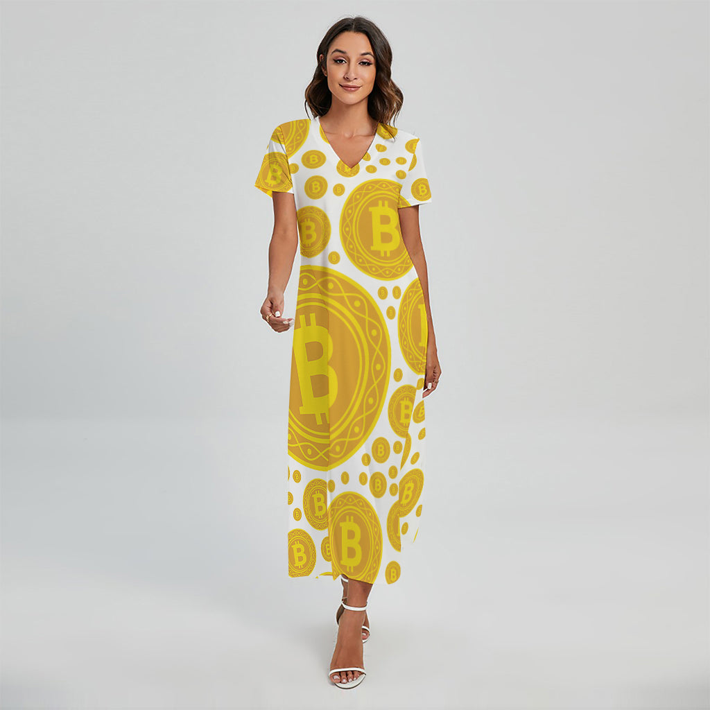 Bitcoin Crypto Pattern Print Short Sleeve Maxi Dress