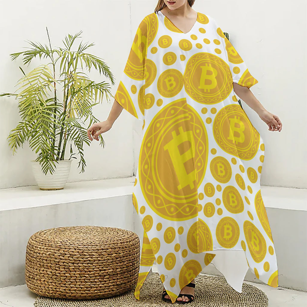 Bitcoin Crypto Pattern Print Silk V-Neck Kaftan Dress