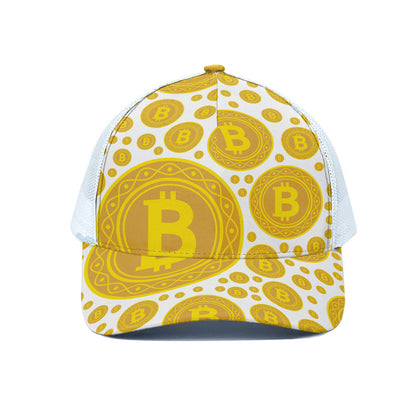 Bitcoin Crypto Pattern Print White Mesh Trucker Cap