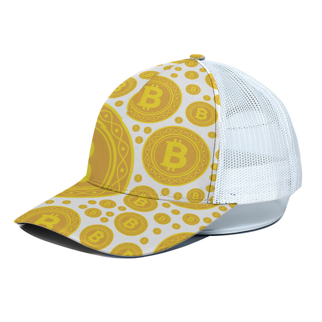 Bitcoin Crypto Pattern Print White Mesh Trucker Cap