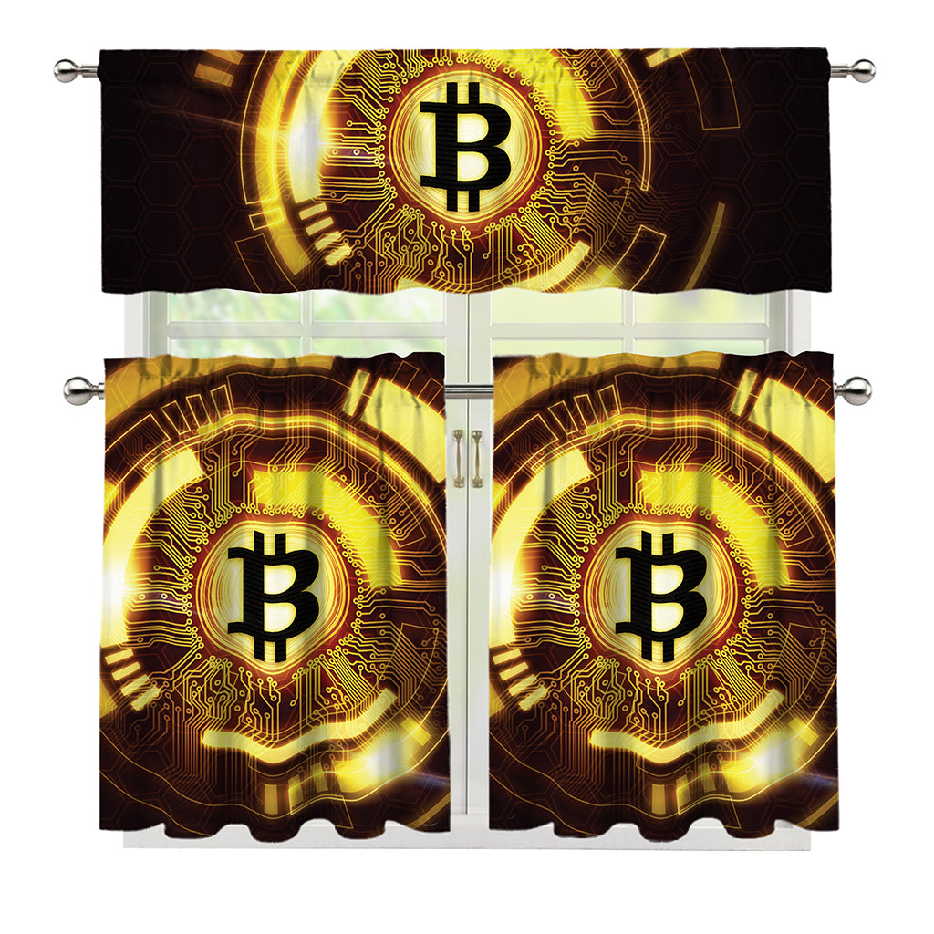 Bitcoin Crypto Symbol Print 3 Piece Kitchen Curtains